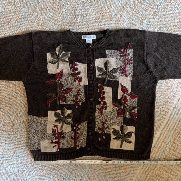 VTG Dress Barn Brown Cardigan Sweater Embroidered Floral Crewneck Grandpa Size L - Picture 8 of 12